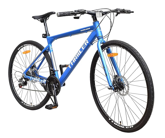 THRILLER 700C Hybrid Bike for Adults | 26T Alloy Frame Cycle with Dual Disc Brakes, 21-Speed Gears, Fork Suspension | Best City Bicycle Alternative to Electric Bike & e Bicycle (Blue/Black)