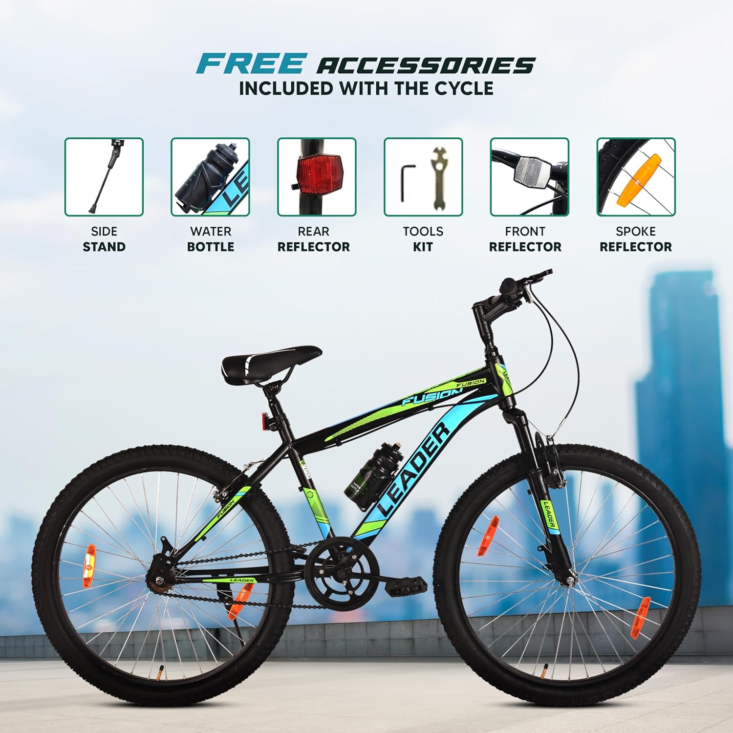 Leader Fusion 26T MTB Cycle for Men – Best Alternative to Electric Bike | Front Suspension | Single-Speed | Matte Black-Green Frame | 18-Inch