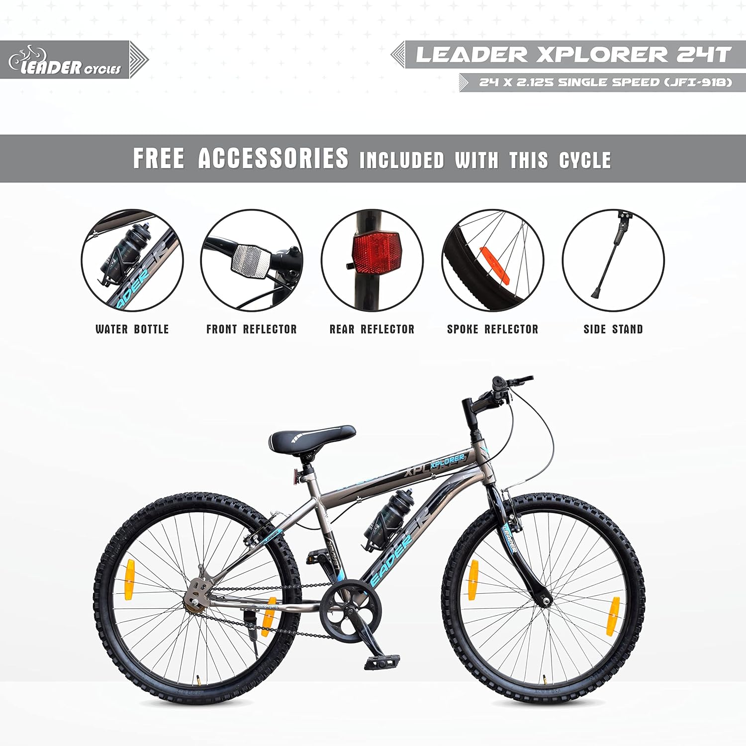 Leader Xplorer MTB 24T Single Speed Mountain Cycle | Best Kids’ Bike for Boys & Girls Age 9–14 | Stylish Grey Sports Bicycle with Power Brakes & Sturdy Steel Frame