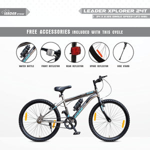 Leader Xplorer MTB 24T Single Speed Mountain Cycle | Best Kids’ Bike for Boys & Girls Age 9–14 | Stylish Grey Sports Bicycle with Power Brakes & Sturdy Steel Frame