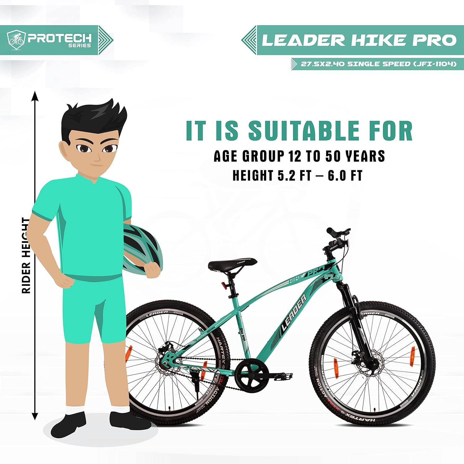 Leader Hike Pro 27.5T MTB Single Speed Mountain Cycle | Best Affordable Electric Bike Alternative for Adults & Teens | Dual Disc Brakes | Front Suspension | Sea Green