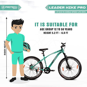 Leader Hike Pro 27.5T MTB Single Speed Mountain Cycle | Best Affordable Electric Bike Alternative for Adults & Teens | Dual Disc Brakes | Front Suspension | Sea Green