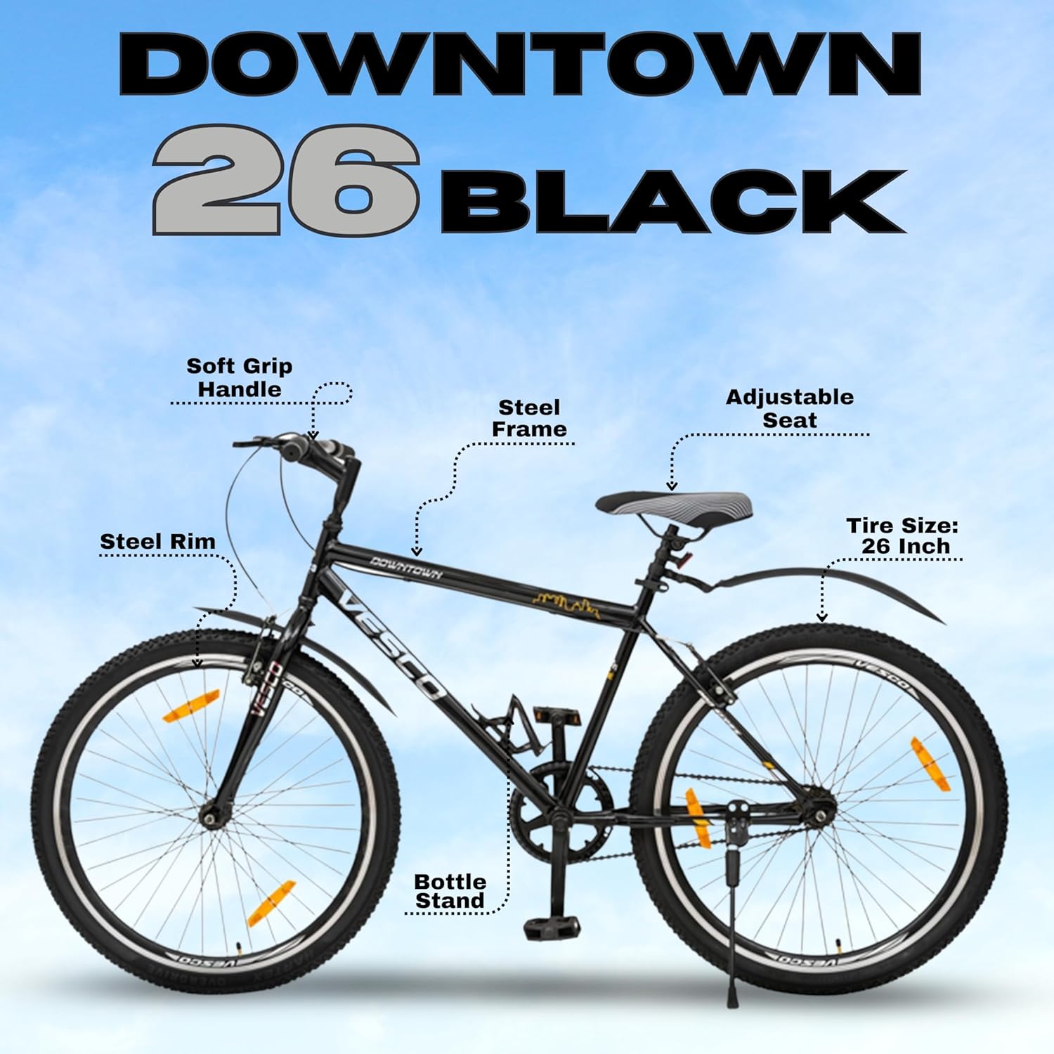 VESCO Downtown 26T Electric Cycle | Affordable E-Bike for Men with Steel Frame & Hybrid Design