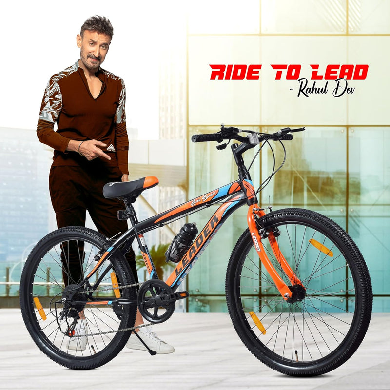Leader Men's 7 Speed Multigear City Surfer MTB 26T Mountain Bike – Best Electric Bike Alternative with Durable Alloy Steel Frame (Matt Black & Orange)