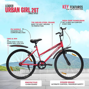 Leader Urban Girl 26T City Bike – Stylish Manual Ride for Women, No Battery Required