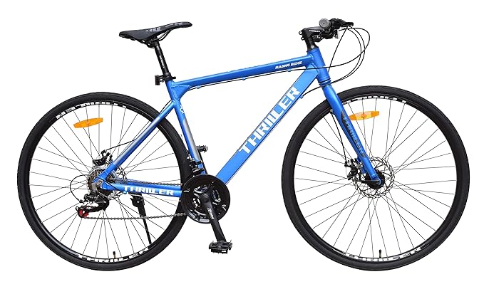 THRILLER 700C Hybrid Bike for Adults | 26T Alloy Frame Cycle with Dual Disc Brakes, 21-Speed Gears, Fork Suspension | Best City Bicycle Alternative to Electric Bike & e Bicycle (Blue/Black)