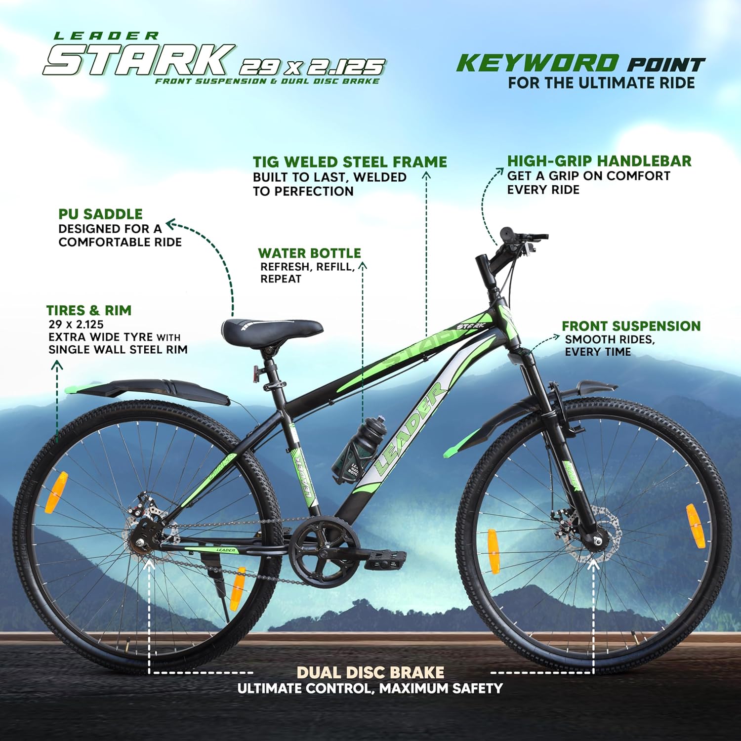 Leader Stark 29T MTB Cycle for Adults with Dual Disc Brakes | Affordable Alternative to Electric Bike & E Bicycle | Complete Accessories Included | Mountain Bike for Men | Steel Frame