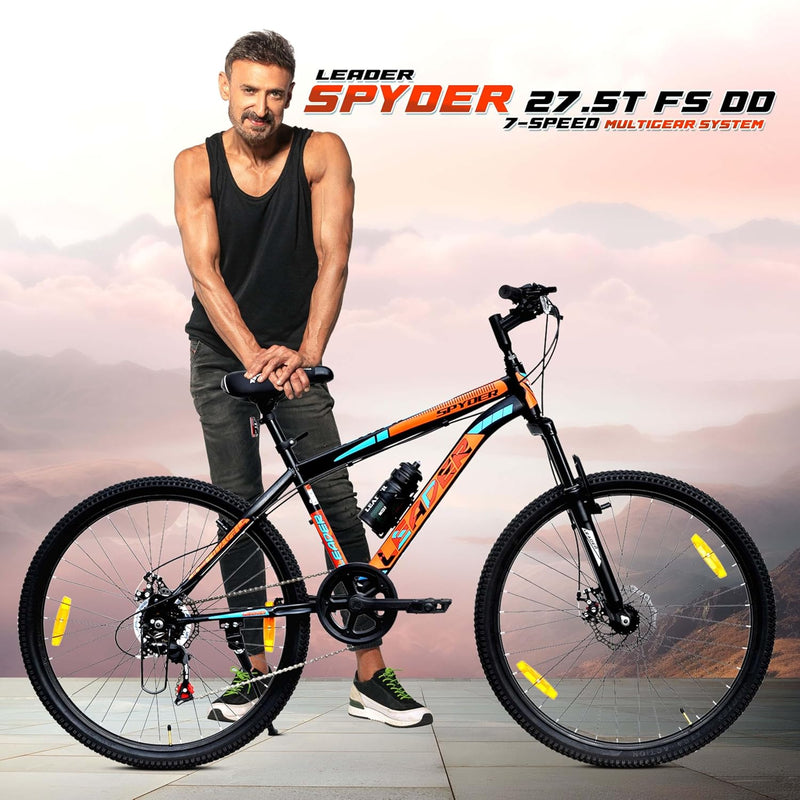 Leader Spyder 27.5T Multispeed MTB for Adults – 7-Speed Mountain Bicycle with Dual Disc Brakes & Front Suspension | Ideal Alternative to Electric Bikes (Matt Black/Orange)