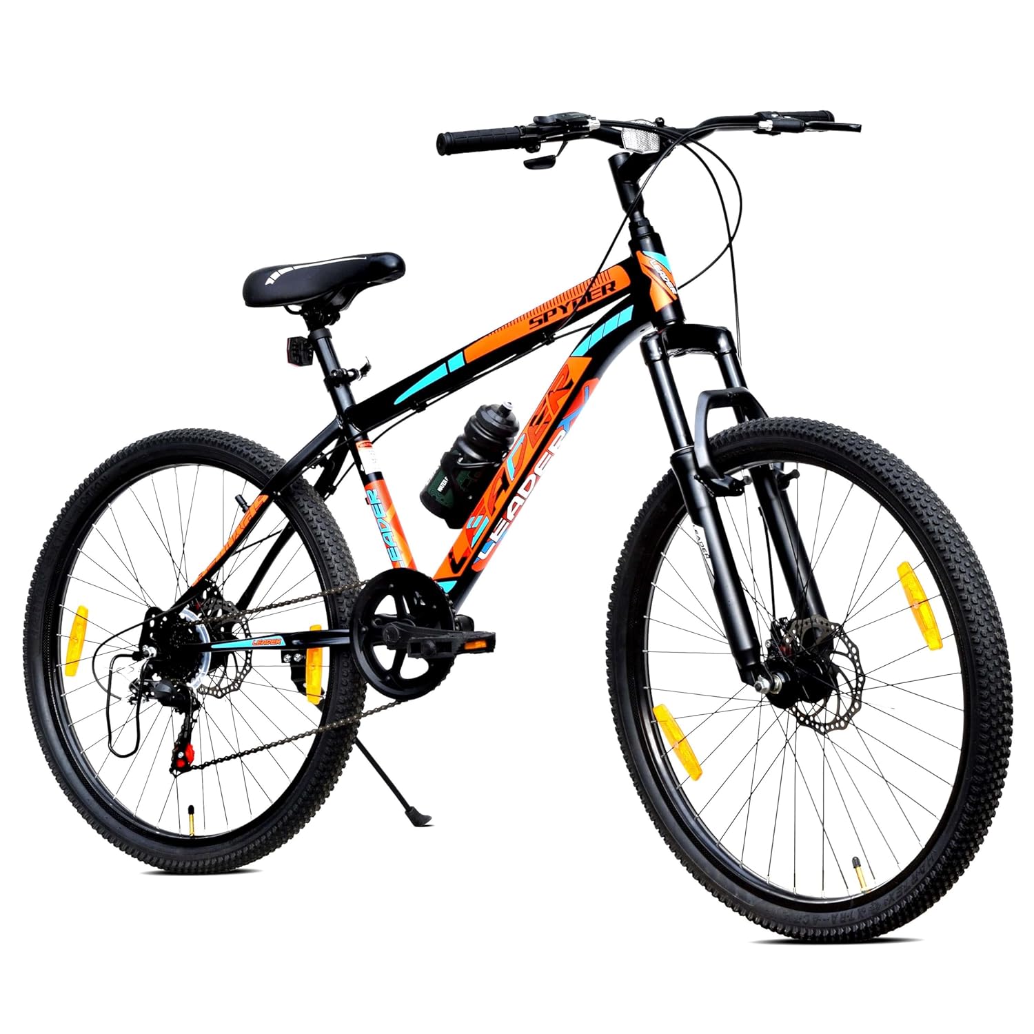 Leader Spyder 27.5T Multispeed MTB for Adults – 7-Speed Mountain Bicycle with Dual Disc Brakes & Front Suspension | Ideal Alternative to Electric Bikes (Matt Black/Orange)