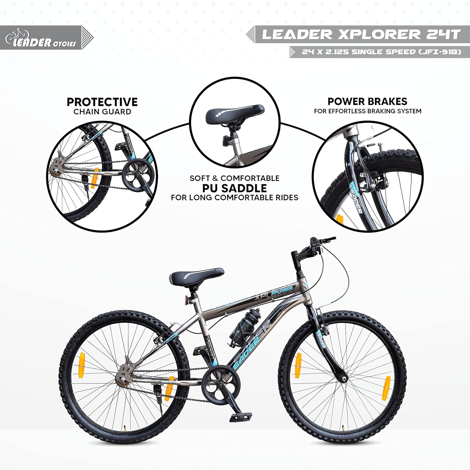 Leader Xplorer MTB 24T Single Speed Mountain Cycle | Best Kids’ Bike for Boys & Girls Age 9–14 | Stylish Grey Sports Bicycle with Power Brakes & Sturdy Steel Frame