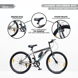 Leader Xplorer MTB 24T Single Speed Mountain Cycle | Best Kids’ Bike for Boys & Girls Age 9–14 | Stylish Grey Sports Bicycle with Power Brakes & Sturdy Steel Frame