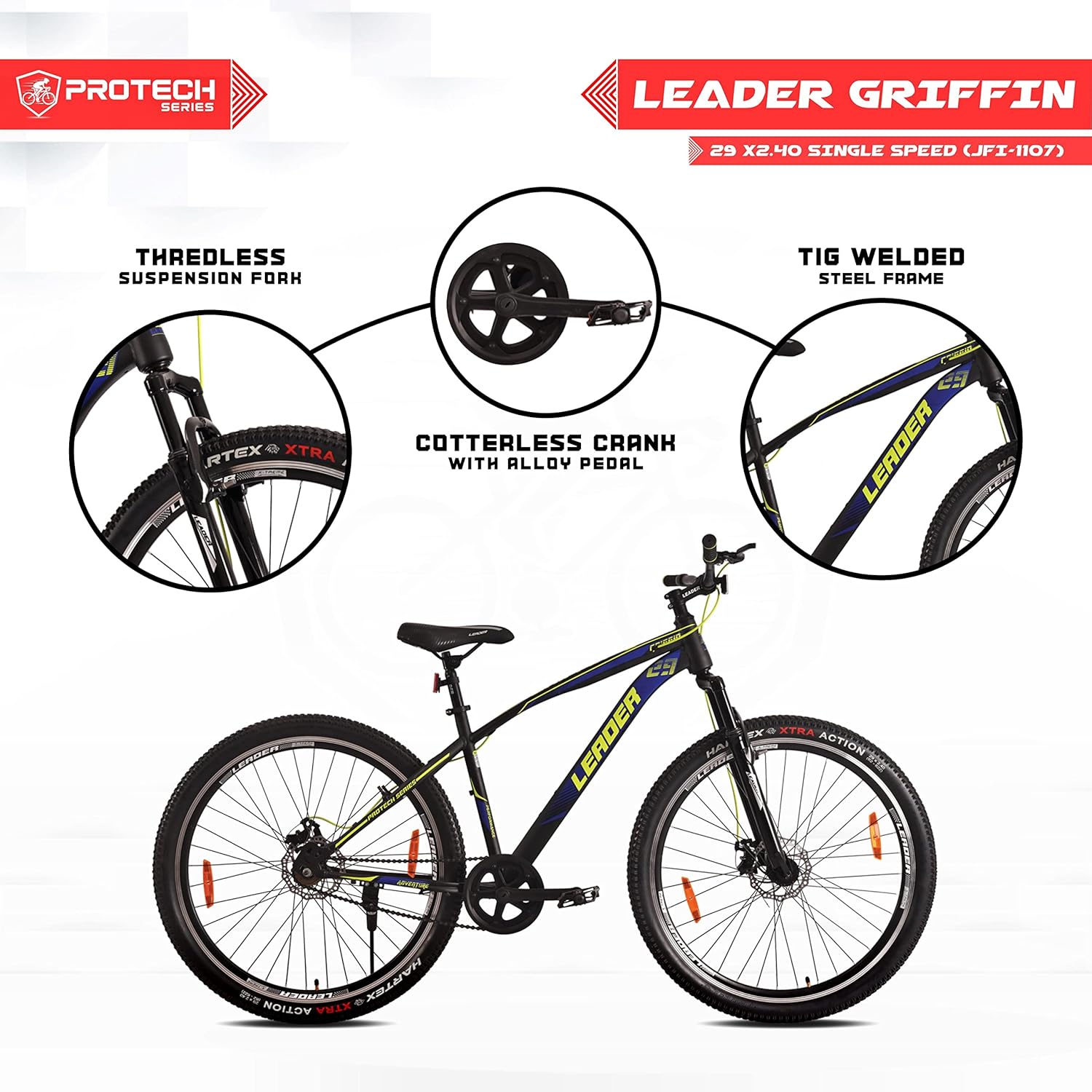 Leader Griffin 29T Single Speed MTB Cycle – Mountain Bike with Dual Disc Brake & Front Suspension | Affordable Eco Bike Alternative for Teens and Adults