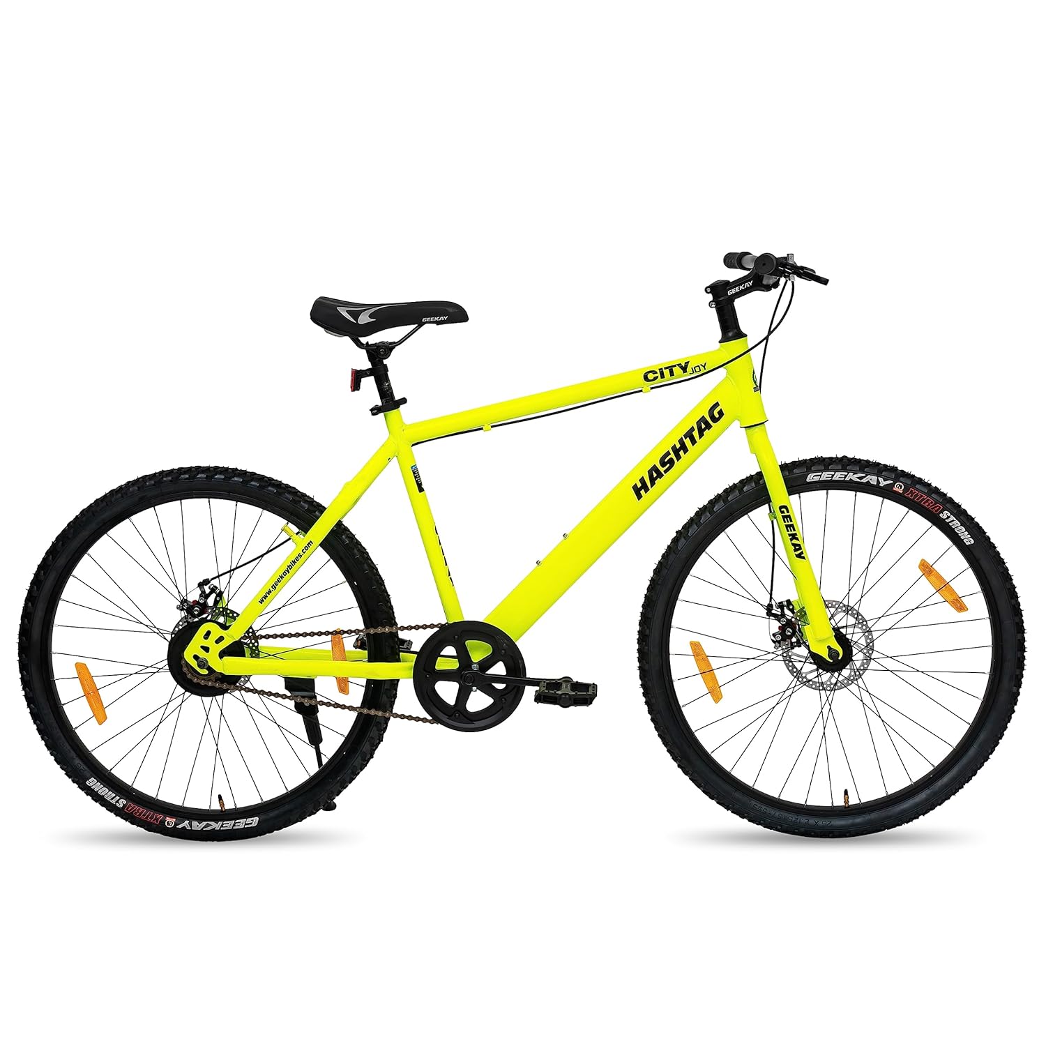 Geekay Hashtag 26T Single Speed Mountain Cycle with Dual Disc Brakes – Best E-Bike Style Bicycle for Teens & Adults | Neon Green | Affordable Electric Bike Alternative in India