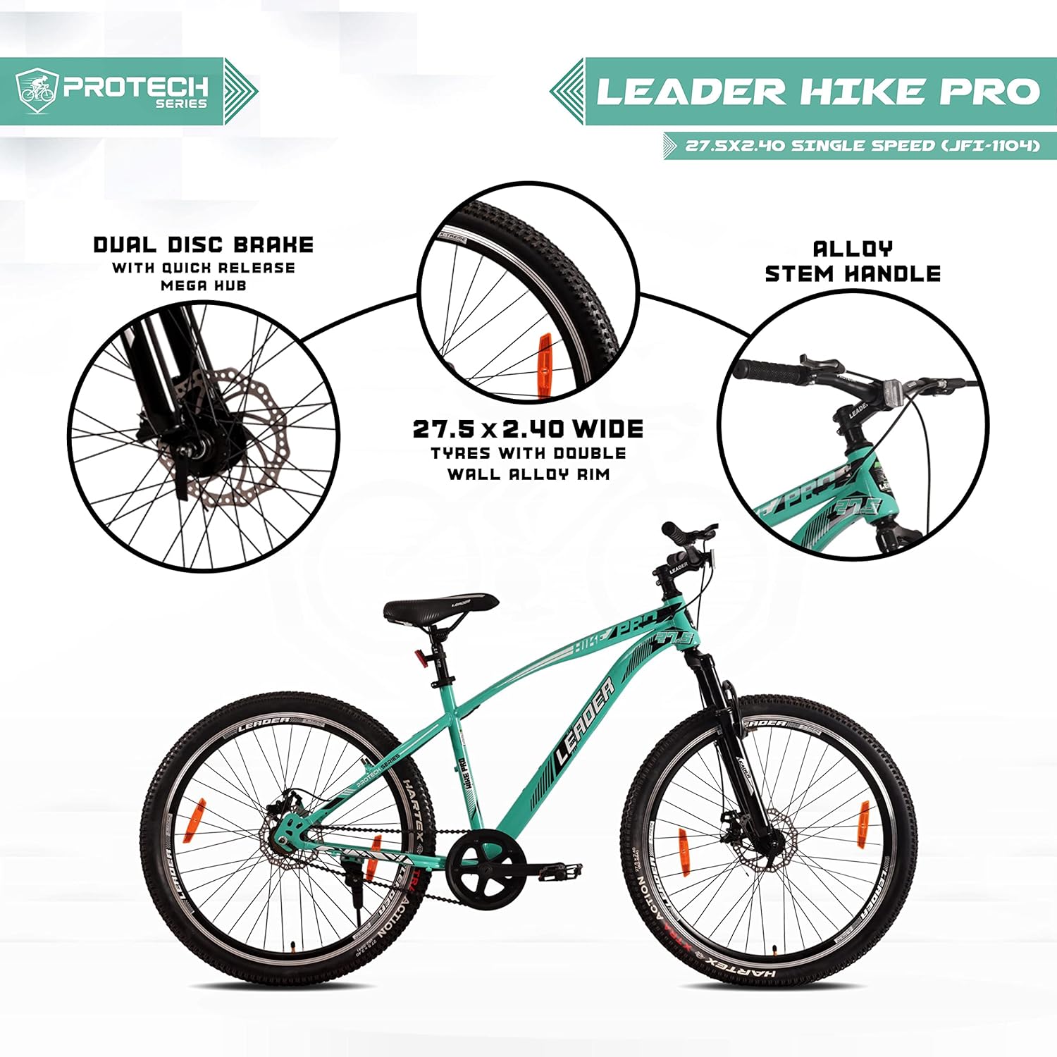 Leader Hike Pro 27.5T MTB Single Speed Mountain Cycle | Best Affordable Electric Bike Alternative for Adults & Teens | Dual Disc Brakes | Front Suspension | Sea Green