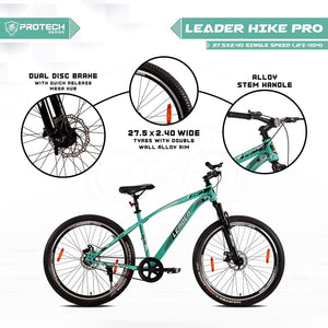 Leader Hike Pro 27.5T MTB Single Speed Mountain Cycle | Best Affordable Electric Bike Alternative for Adults & Teens | Dual Disc Brakes | Front Suspension | Sea Green