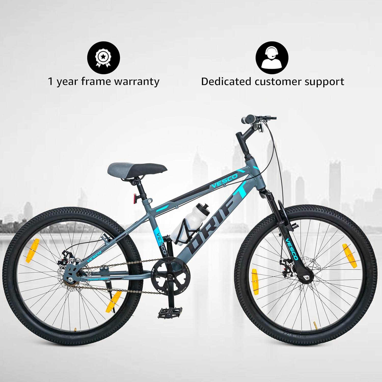 VESCO 24T Drift Kids Mountain Bike – Single‑Speed MTB with Dual Disc Brakes & Suspension | Affordable Ride for Teens (9‑14 Years)