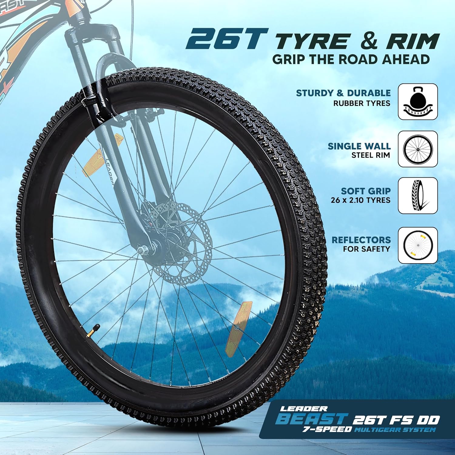 Leader Beast 26T 7-Speed Mountain Bike for Men – Affordable Alternative to Electric Bikes with Dual Disc Brakes & Front Suspension