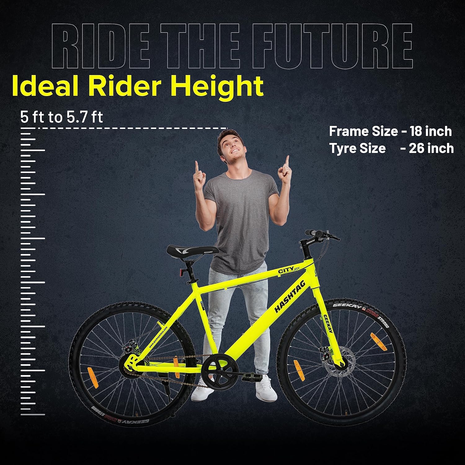 Geekay Hashtag 26T Single Speed Mountain Cycle with Dual Disc Brakes – Best E-Bike Style Bicycle for Teens & Adults | Neon Green | Affordable Electric Bike Alternative in India