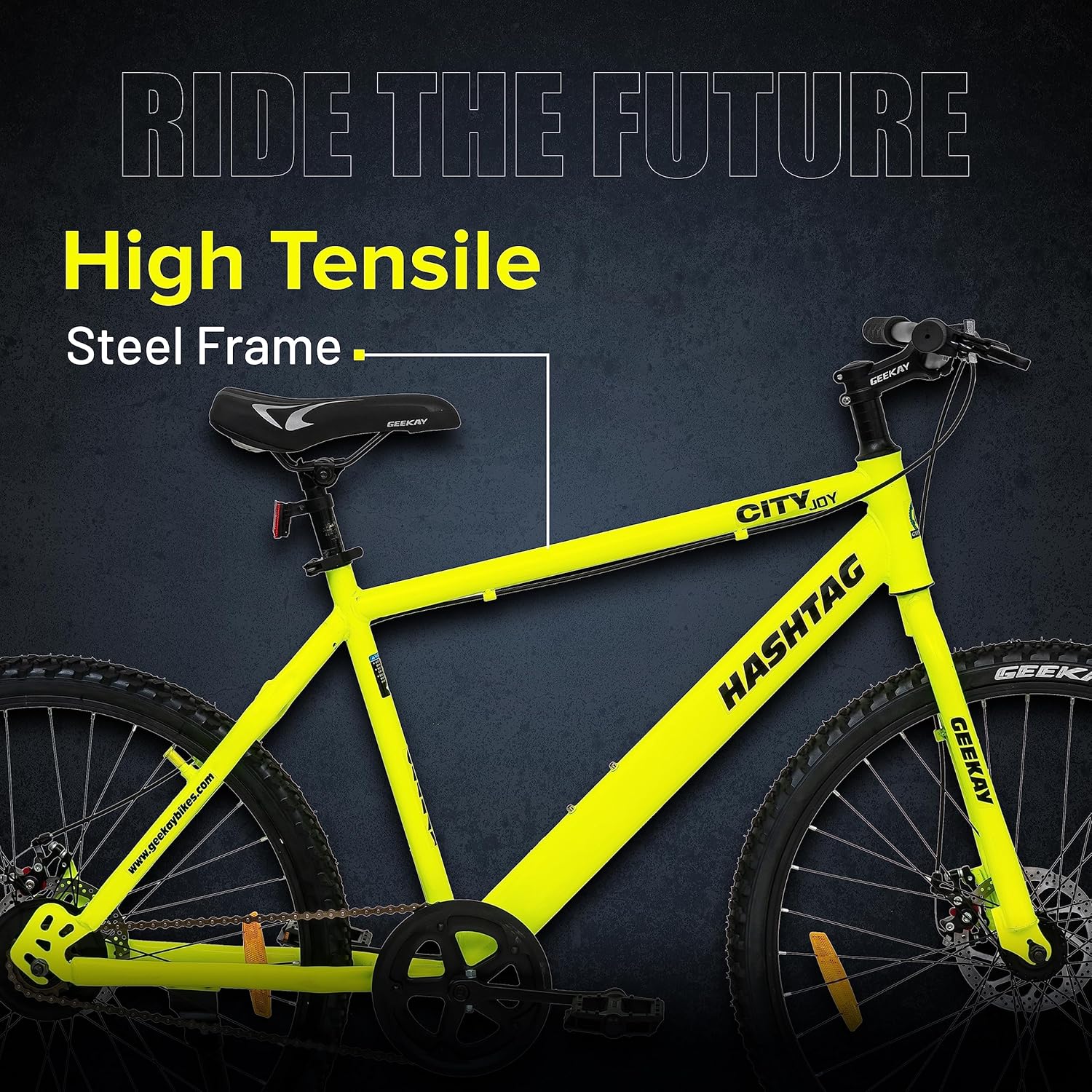 Geekay Hashtag 26T Single Speed Mountain Cycle with Dual Disc Brakes – Best E-Bike Style Bicycle for Teens & Adults | Neon Green | Affordable Electric Bike Alternative in India