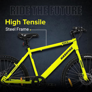 Geekay Hashtag 26T Single Speed Mountain Cycle with Dual Disc Brakes – Best E-Bike Style Bicycle for Teens & Adults | Neon Green | Affordable Electric Bike Alternative in India