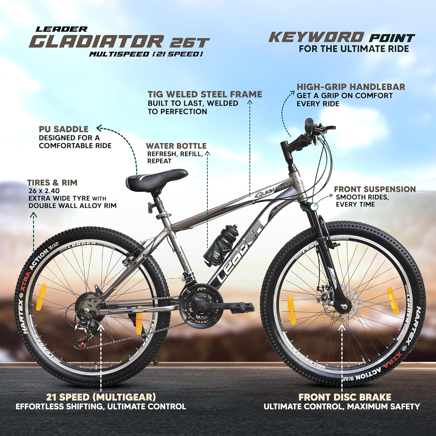 Leader Gladiator 26T 21-Speed Mountain Bike for Adults – Gear Cycle with Front Suspension & Disc Brakes | Affordable Alternative to Electric Bicycle for Men & Teens