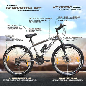 Leader Gladiator 26T 21-Speed Mountain Bike for Adults – Gear Cycle with Front Suspension & Disc Brakes | Affordable Alternative to Electric Bicycle for Men & Teens