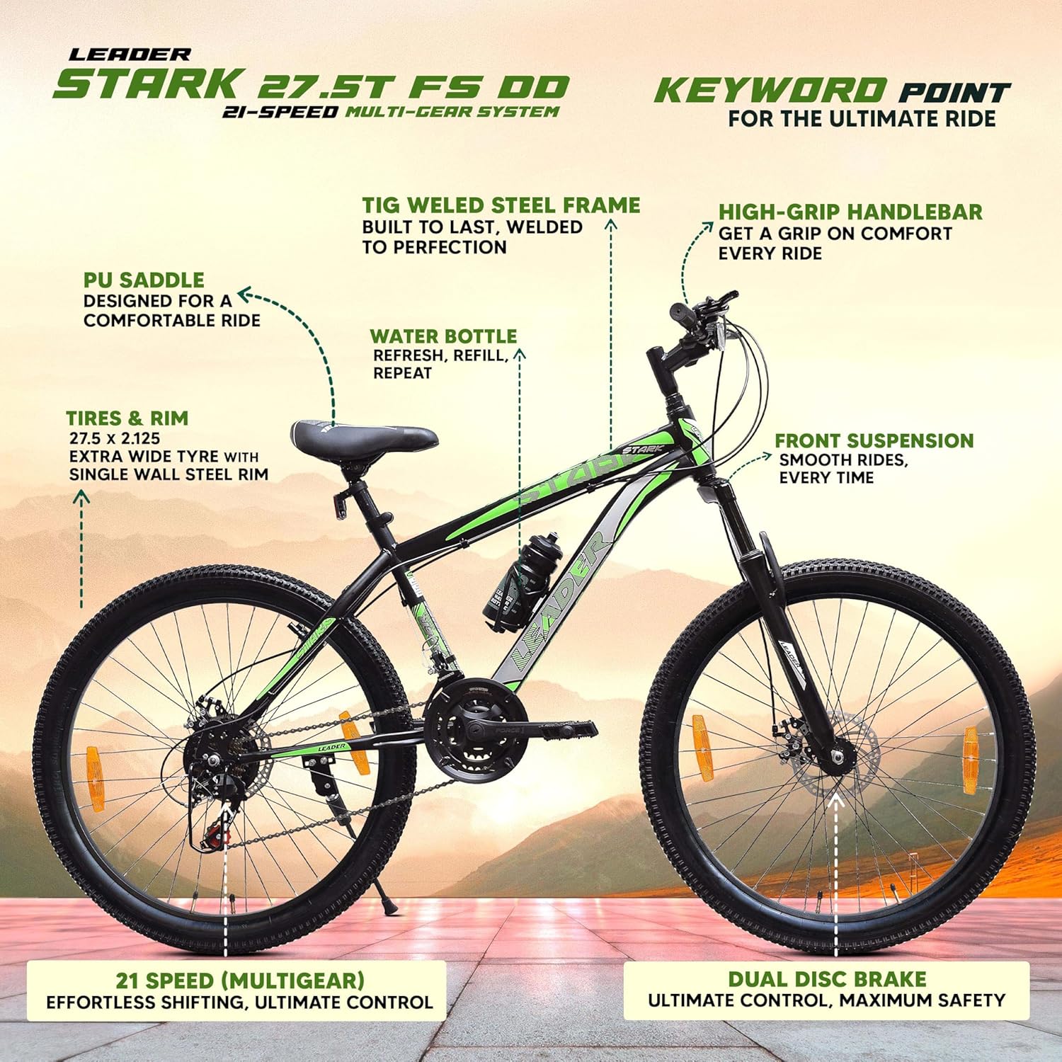 Leader Spyder 27.5T Mountain Bike – Sleek Single‑Speed MTB for Men & Teens (15+), Matt Black/Orange