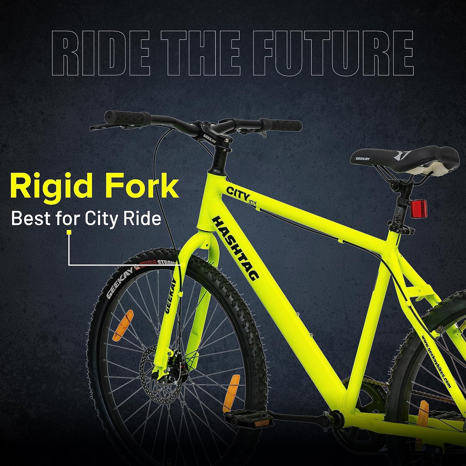 Geekay Hashtag 26T Single Speed Mountain Cycle with Dual Disc Brakes – Best E-Bike Style Bicycle for Teens & Adults | Neon Green | Affordable Electric Bike Alternative in India
