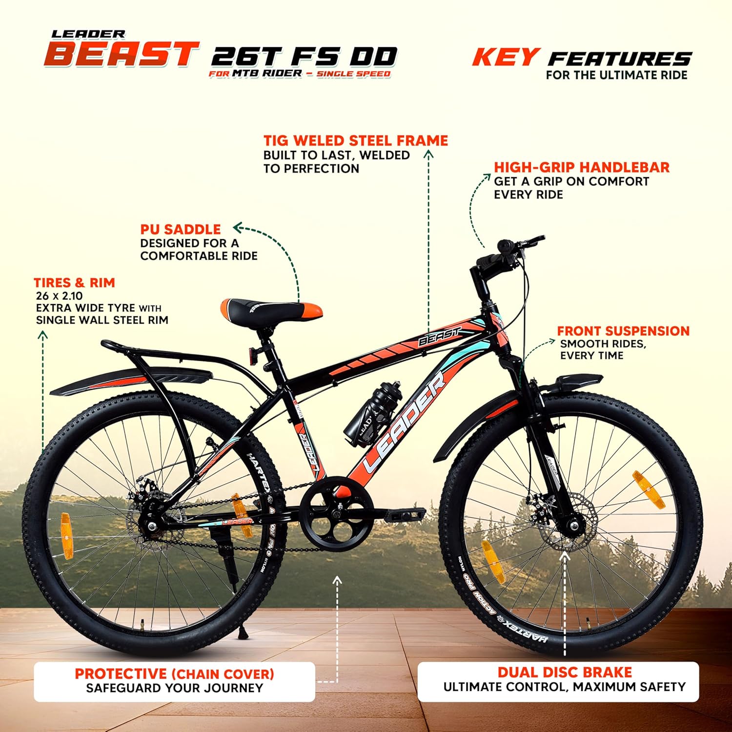 Leader Beast 26T IBC Mountain Bike – Premium Single-Speed City & Mountain Cycle for Men (Matt Black)