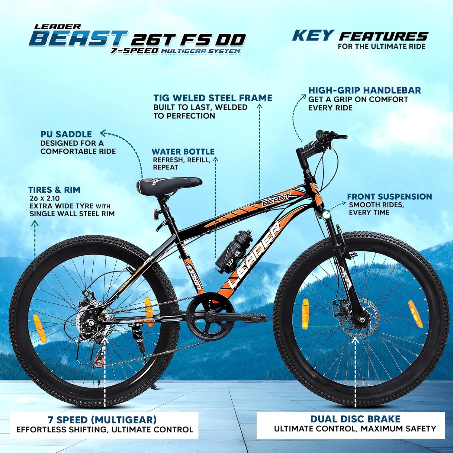 Leader Beast 26T 7-Speed Mountain Bike for Men – Affordable Alternative to Electric Bikes with Dual Disc Brakes & Front Suspension