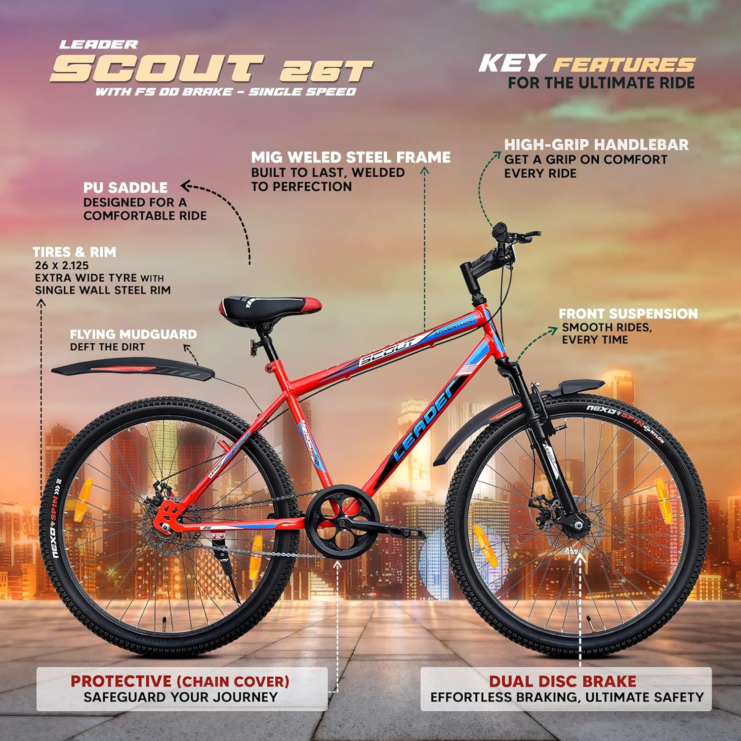 Leader Scout 26T Electric Cycle Alternative – Best Affordable Bike for Men, Teens & Youth with Dual Disc Brakes & Suspension