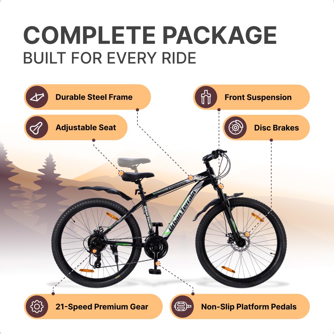 Urban Terrain UT1000S26 | 21-Speed Gear Mountain Bike for Men | Dual Disc Brakes, Front Suspension – Best Non-Electric Alternative to E-Bikes
