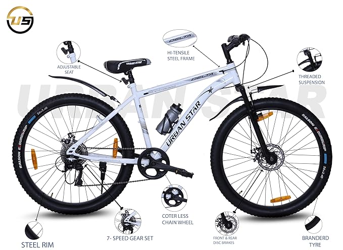 URBANSTAR Delta 26T 7-Speed Geared Mountain Bicycle for Adults | Dual Disc Brakes, Front Suspension | Affordable MTB Online