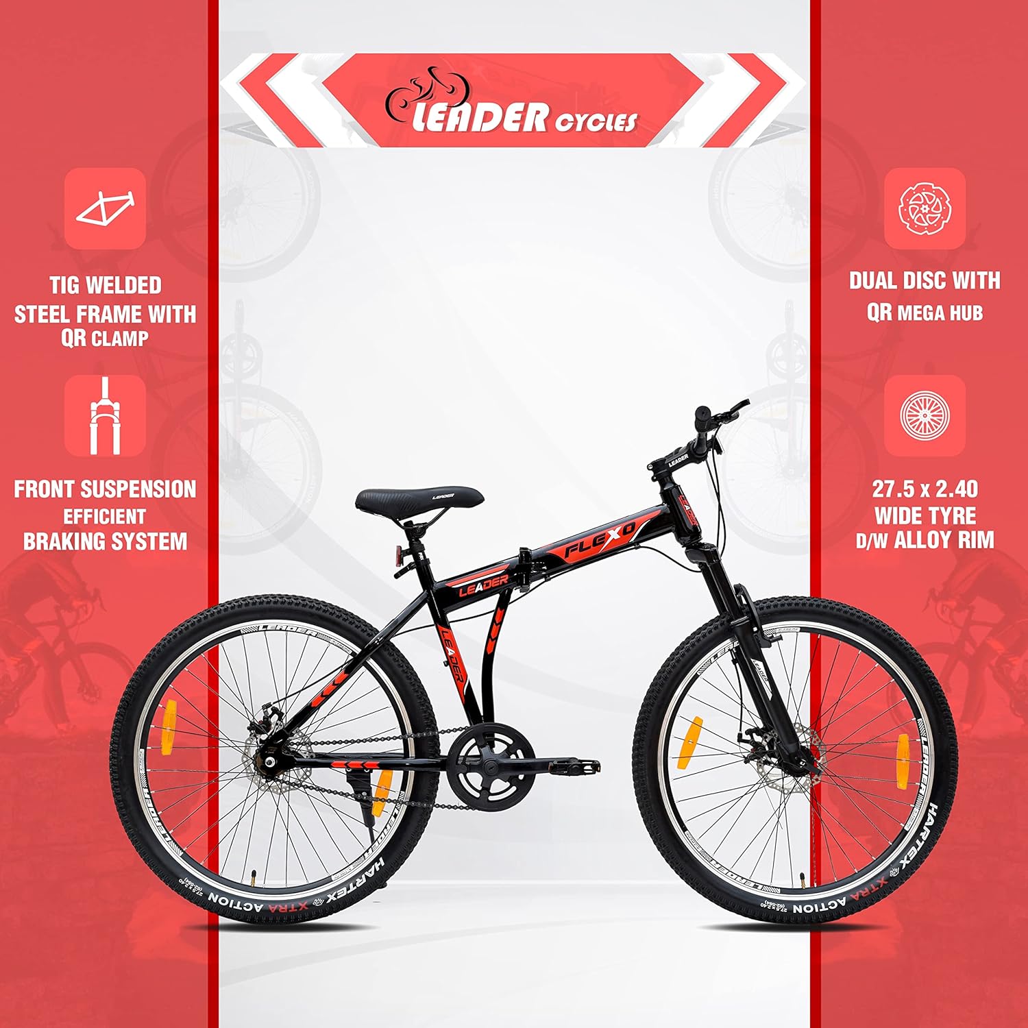 Leader Flexo 27.5T Foldable Electric Cycle | Dual Disc Brakes & Front Suspension E-Bike for Men