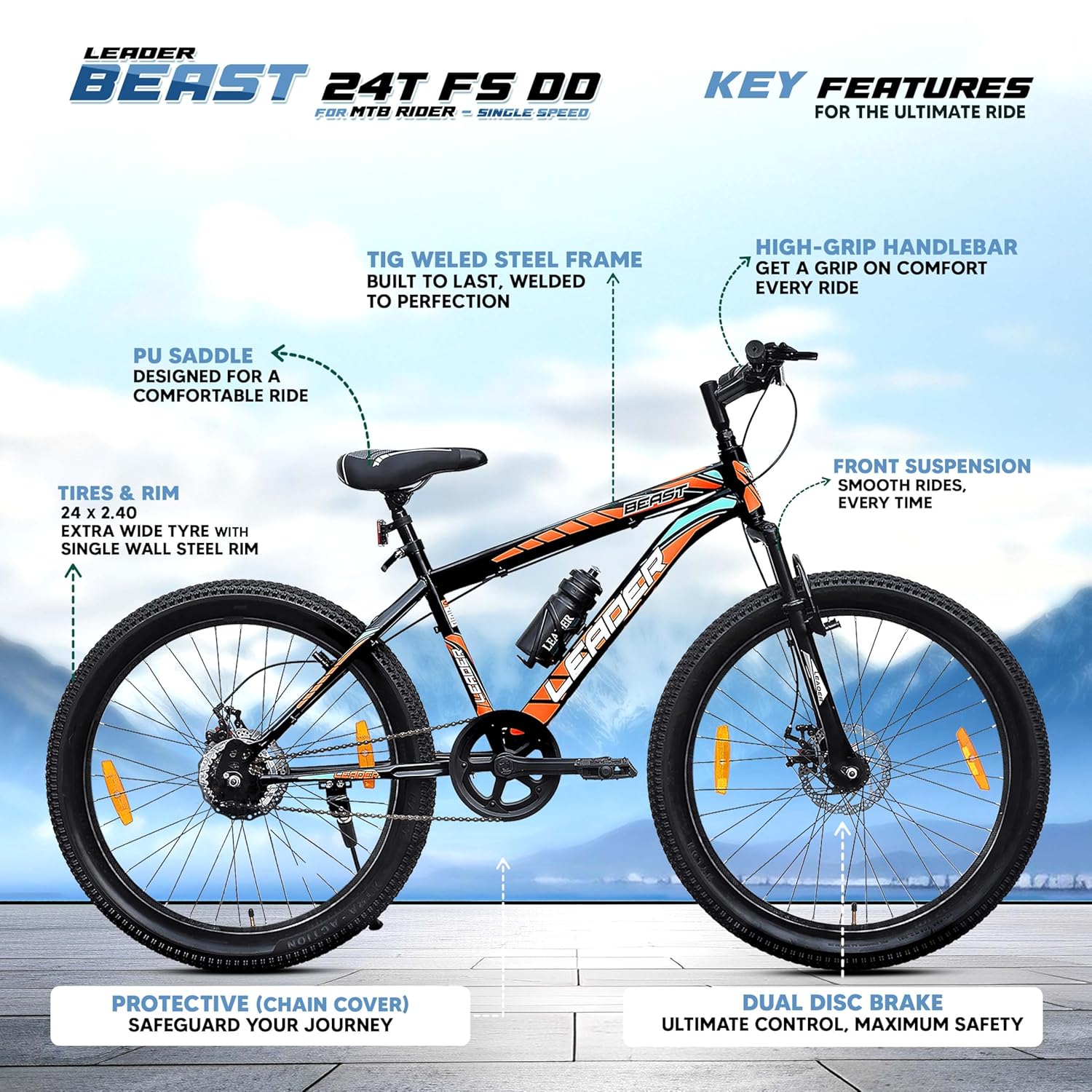 Leader Beast 24T Electric Cycle – 7-Speed E-Bike with Disc Brakes & Front Suspension for Teens & Adults