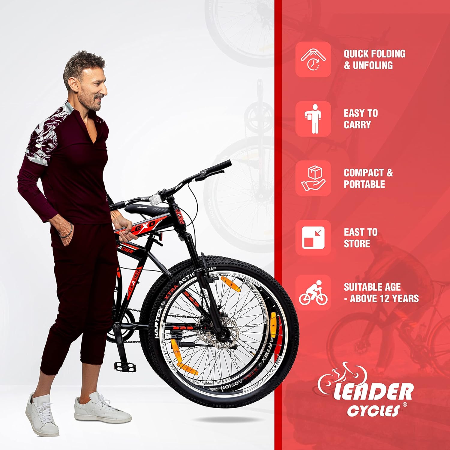 Leader Flexo 27.5T Foldable Electric Cycle | Dual Disc Brakes & Front Suspension E-Bike for Men