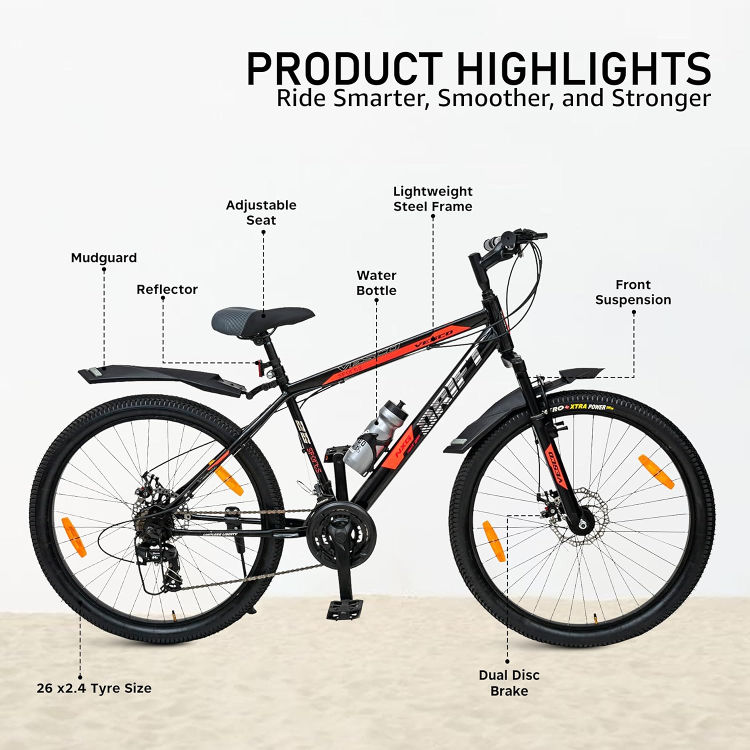 VESCO Drift NXG 26T Electric Cycle – 21-Speed Gear E-Bike with Dual Disc Brakes & Front Suspension | Affordable Electric Bicycle for Men & Women