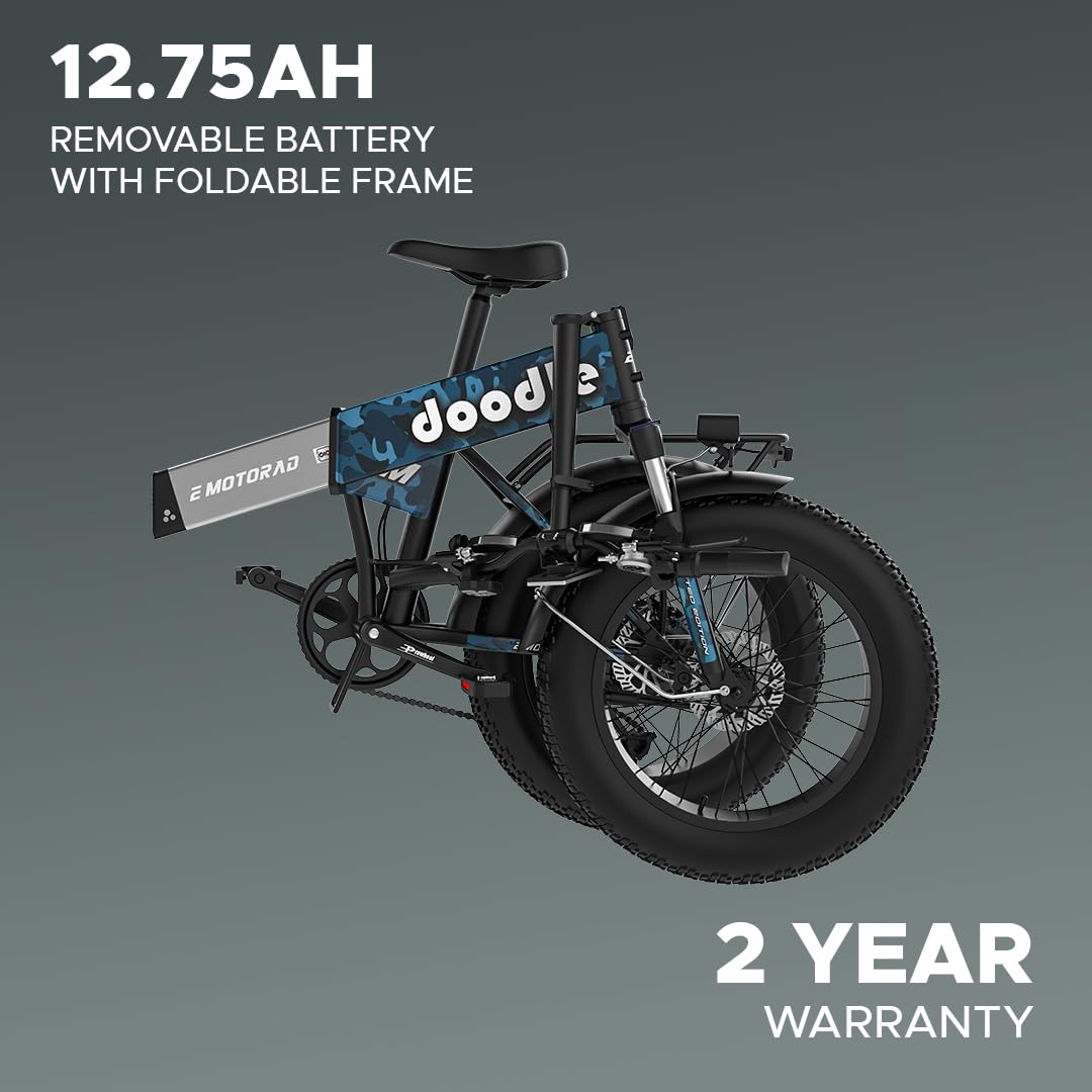 EMotorad Doodle Pro Foldable Fat Tire Electric Bike – 250W Motor, 75KM Range, Dual Disc Brakes