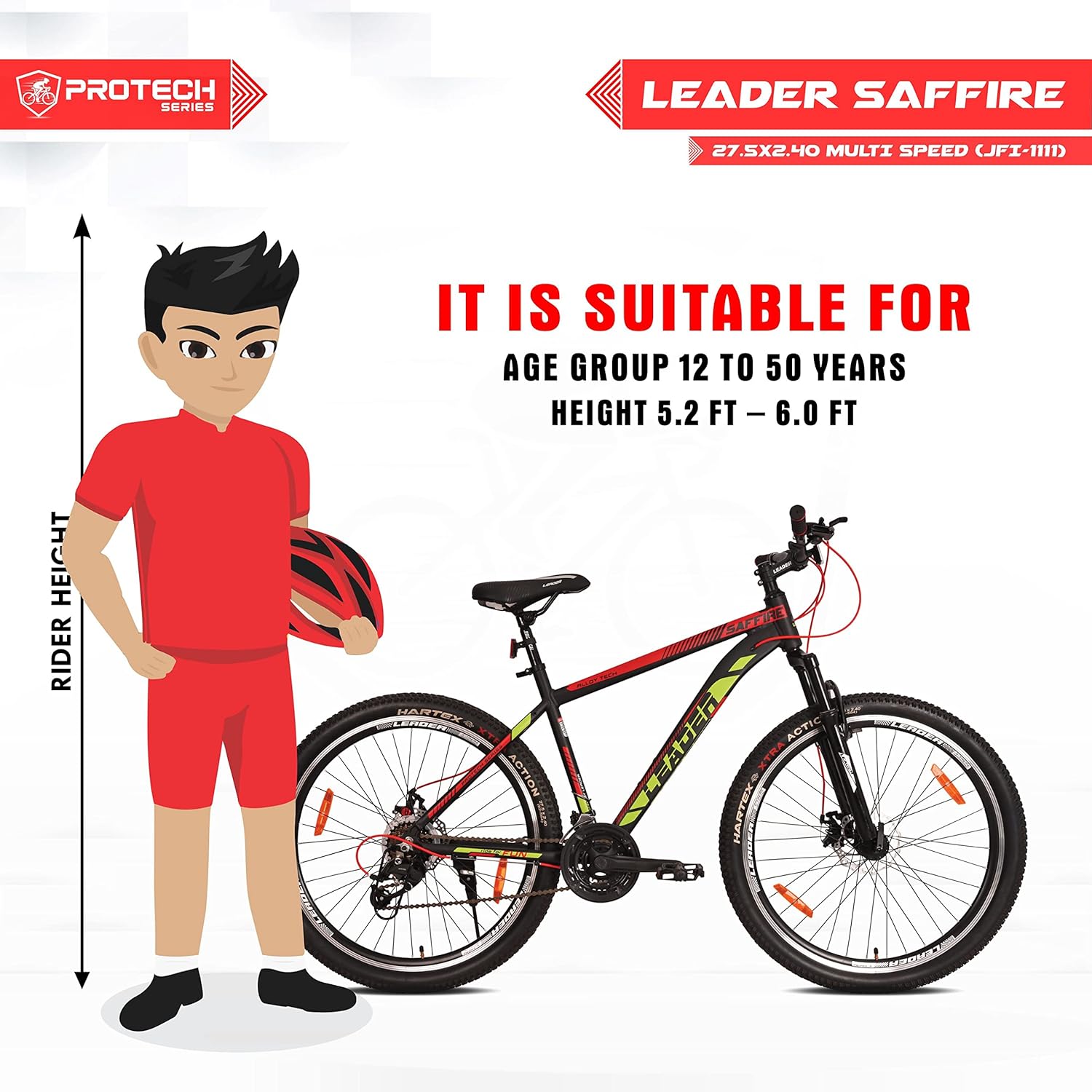 Leader Saffire 27.5T Electric Cycle | Affordable Mountain E-Bike with Dual Disc Brakes & Gears