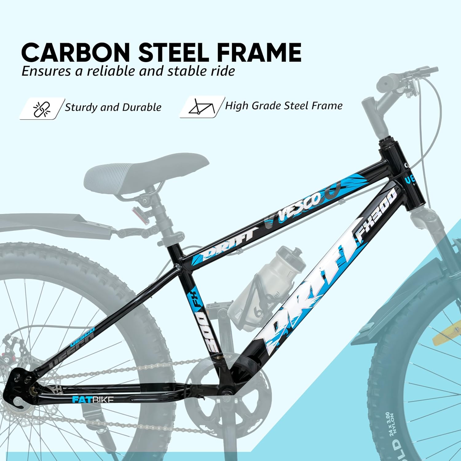 VESCO Drift FX300 24T Kids Electric Cycle – Semi-Fat Tyres, Front Suspension & Dual Disc Brakes | Stylish E-Bike for Boys & Girls