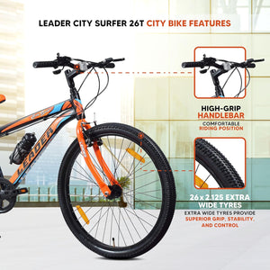 Leader City Surfer 26T Electric Cycle | 7-Speed Affordable E-Bike with Alloy Steel Frame (Matt Black & Orange)