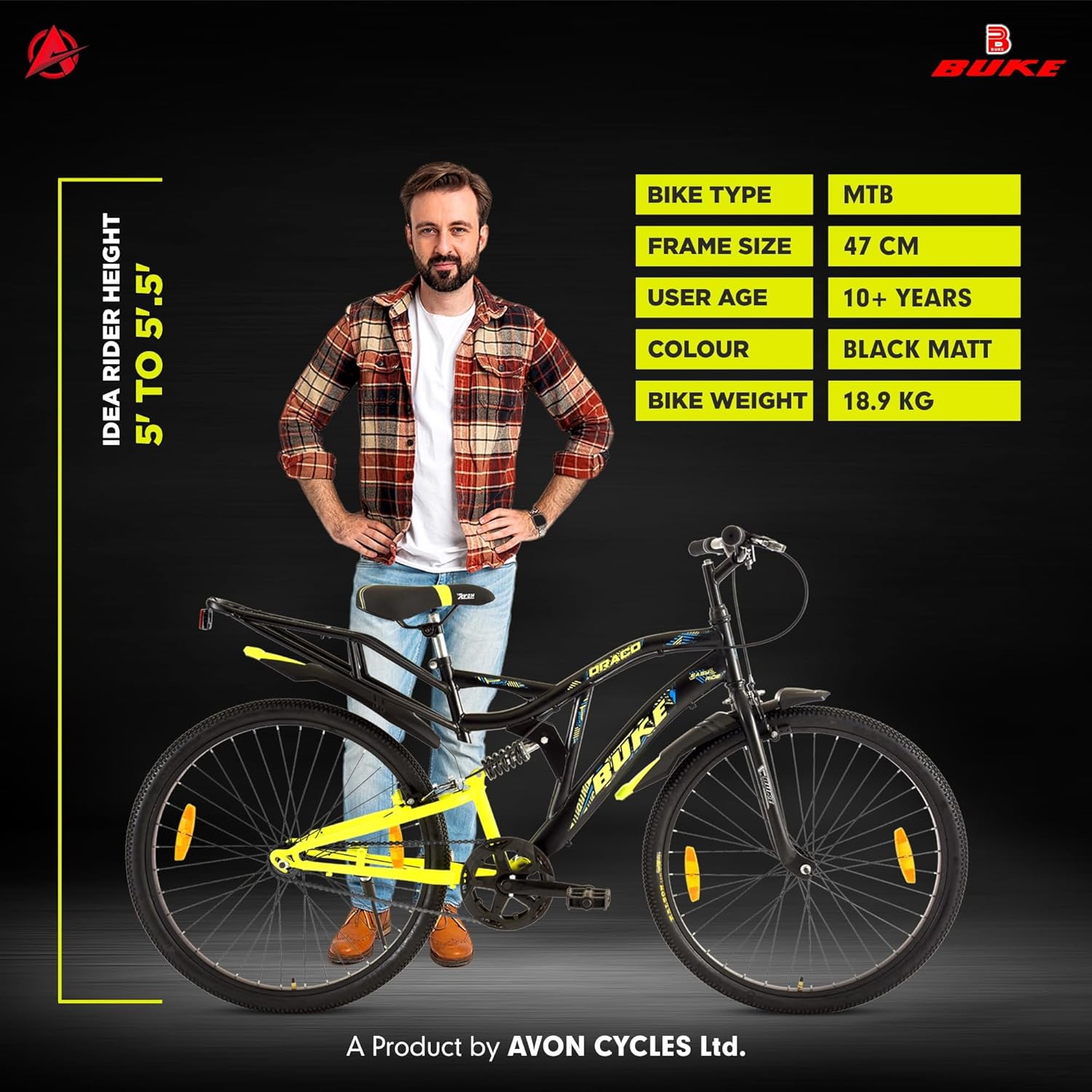 Avon Buke Draco 26T Electric Cycle | Affordable E-Bike for Men with 26″ Wheels & Steel Frame