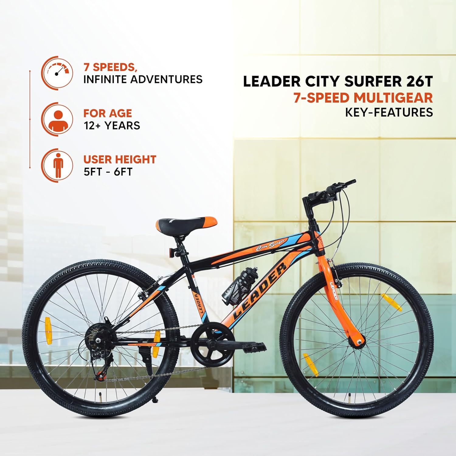 Leader City Surfer 26T Electric Cycle | 7-Speed Affordable E-Bike with Alloy Steel Frame (Matt Black & Orange)