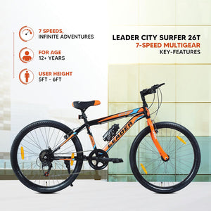 Leader City Surfer 26T Electric Cycle | 7-Speed Affordable E-Bike with Alloy Steel Frame (Matt Black & Orange)