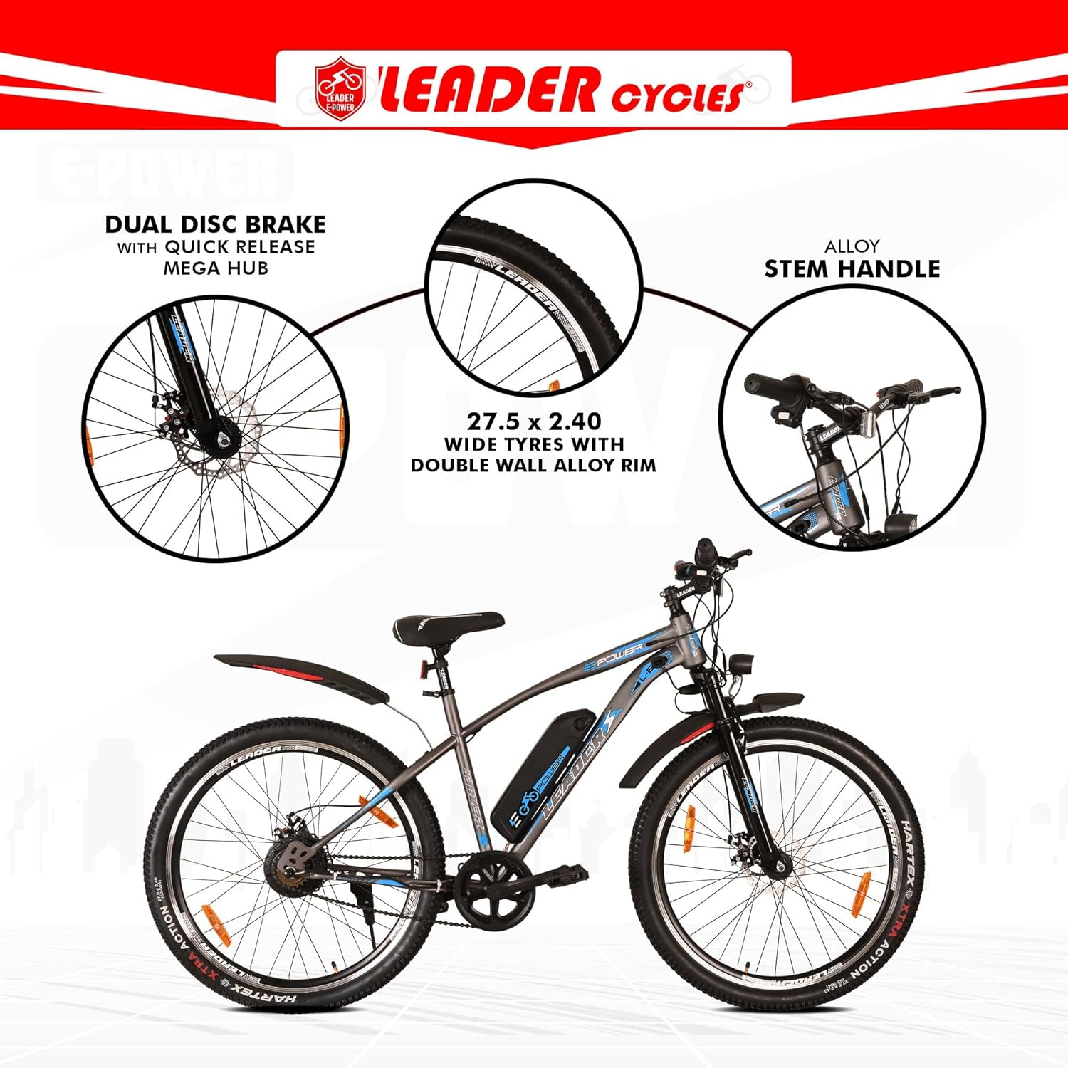Leader E-Power L6 Electric Cycle – 27.5T E-Bike with 250W Motor, Dual Disc Brakes & Suspension