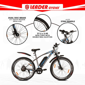 Leader E-Power L6 Electric Cycle – 27.5T E-Bike with 250W Motor, Dual Disc Brakes & Suspension