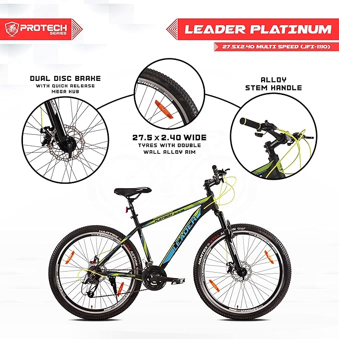 Leader Platinum 27.5T Electric Cycle | Affordable E-Bike with 21-Speed Gears & Dual Disc Brakes