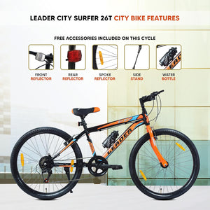 Leader City Surfer 26T Electric Cycle | 7-Speed Affordable E-Bike with Alloy Steel Frame (Matt Black & Orange)