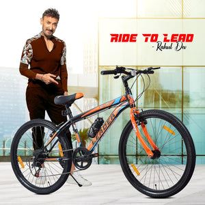 Leader City Surfer 26T Electric Cycle | 7-Speed Affordable E-Bike with Alloy Steel Frame (Matt Black & Orange)