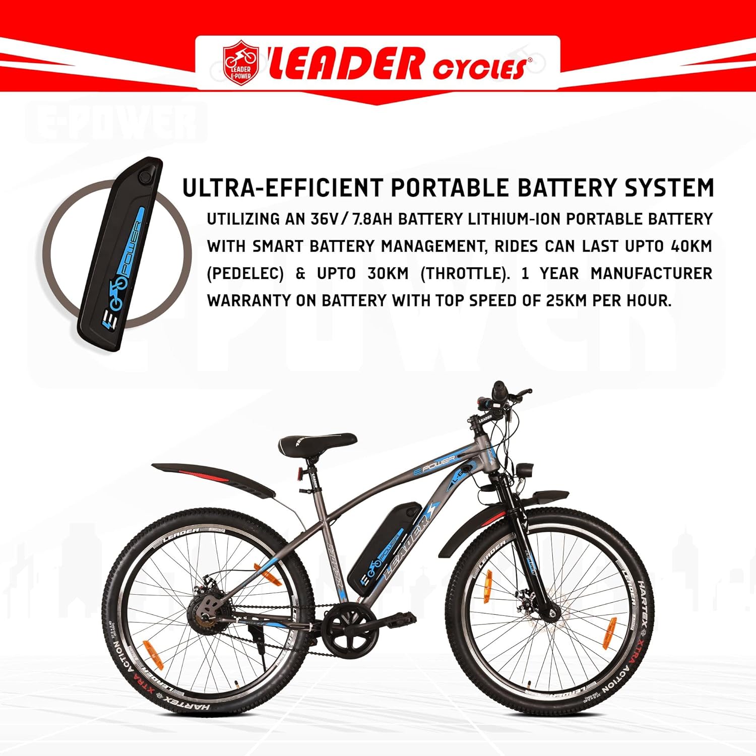 Leader E-Power L6 Electric Cycle – 27.5T E-Bike with 250W Motor, Dual Disc Brakes & Suspension